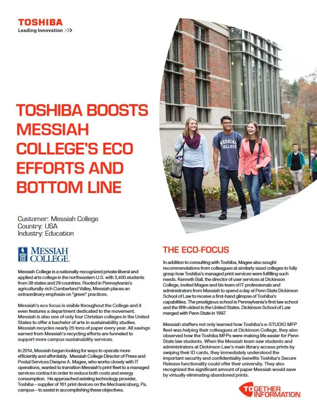 Messiah College, Eco Efforts, Industry Solutions, Vertical Markets, Toshiba, (Dealership Name)